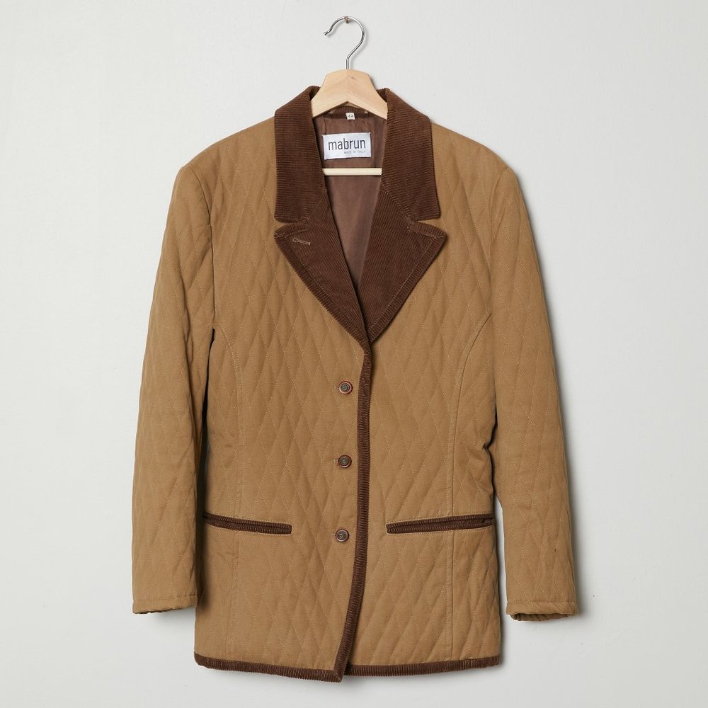Vtg 70s Tan Quilted Blazer Jacket M